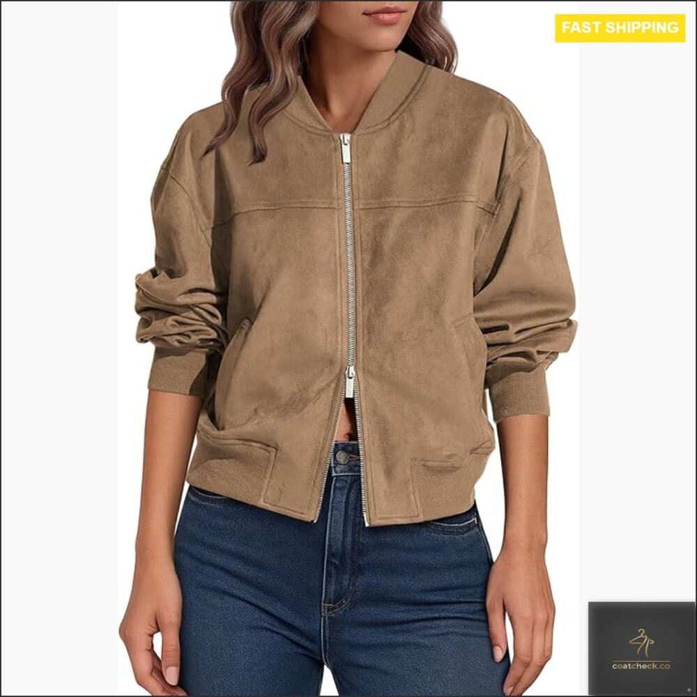Faux Suede Bomber Jacket Stand Collar Zip Up Cropped Casual Outwear